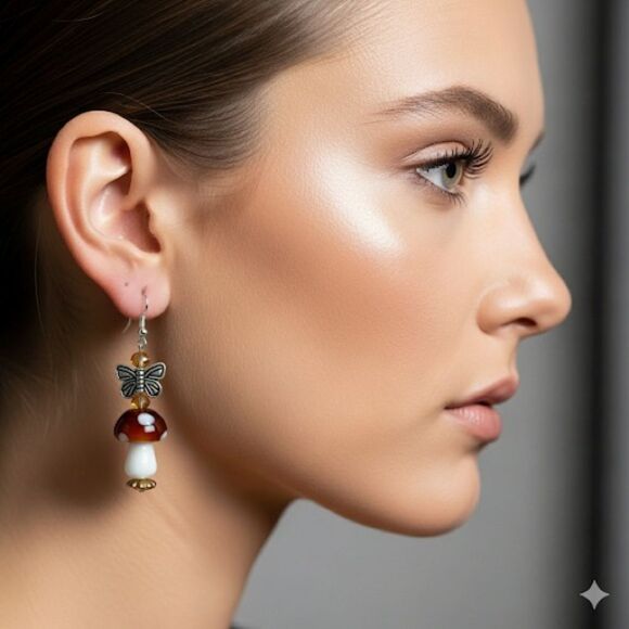 Butterfly Mushroom Earrings, Cottagecore, Dangle, Glass, Gold, Silver - Picture 6 of 11